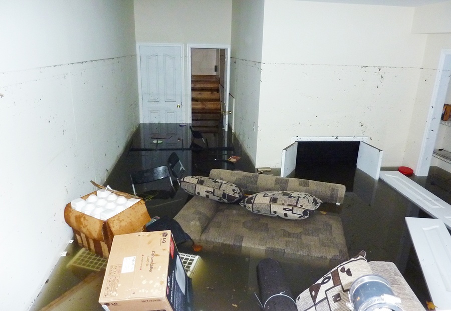 STATEN ISLAND, NY - OCTOBER 30: Completely flooded basement next day after Hurricane Sandy on October 30, 2012 in Staten Island. It is visible line showing maximum water level higher than 7 feet