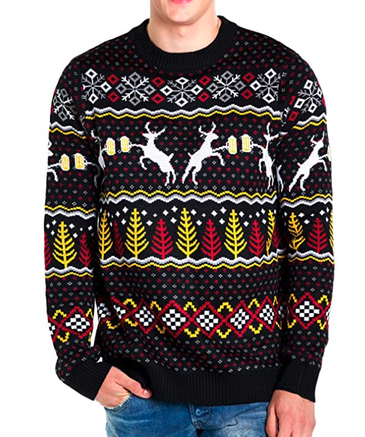 Tipsy Elves Men's Deer with Beer Christmas Sweater - Black Caribrew Ugly Christmas Sweater