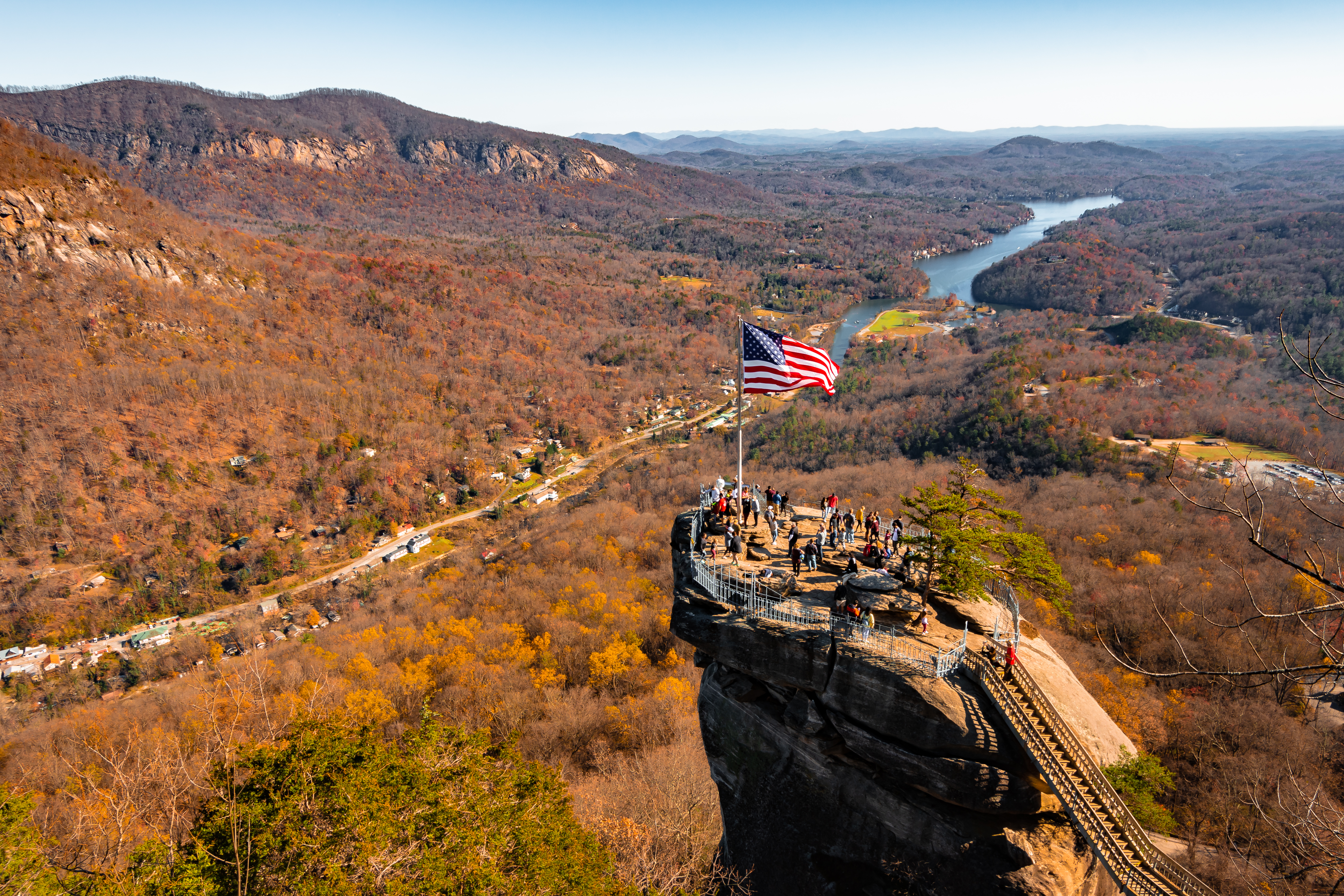 Chimney Rock at Chimney Rock State Park and Lake Lure, North Carolina,USA in fall season.