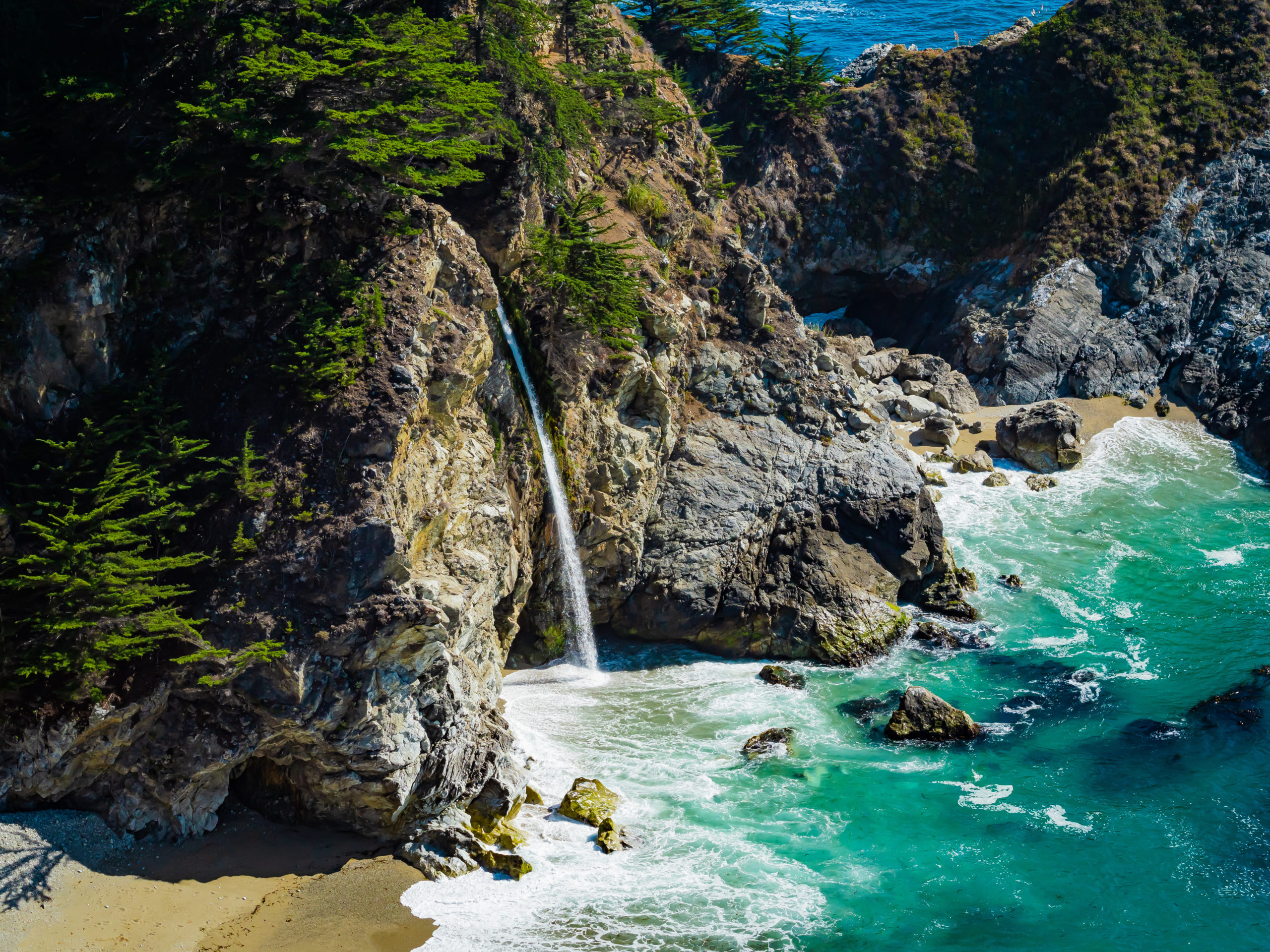 Aerial view of Water Fall McWay Falls Julia Pfeiffer Burns Big Sur California