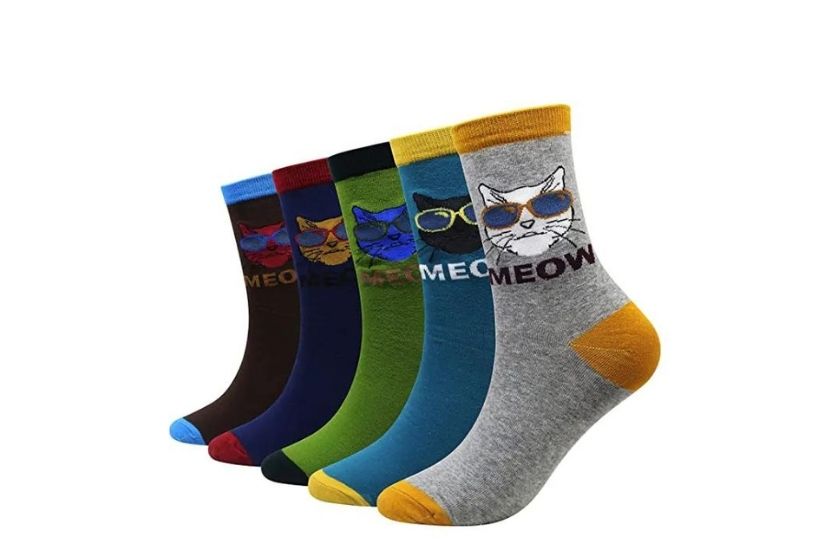 cat socks (meow printed on them with cats wearing sunglasses)
