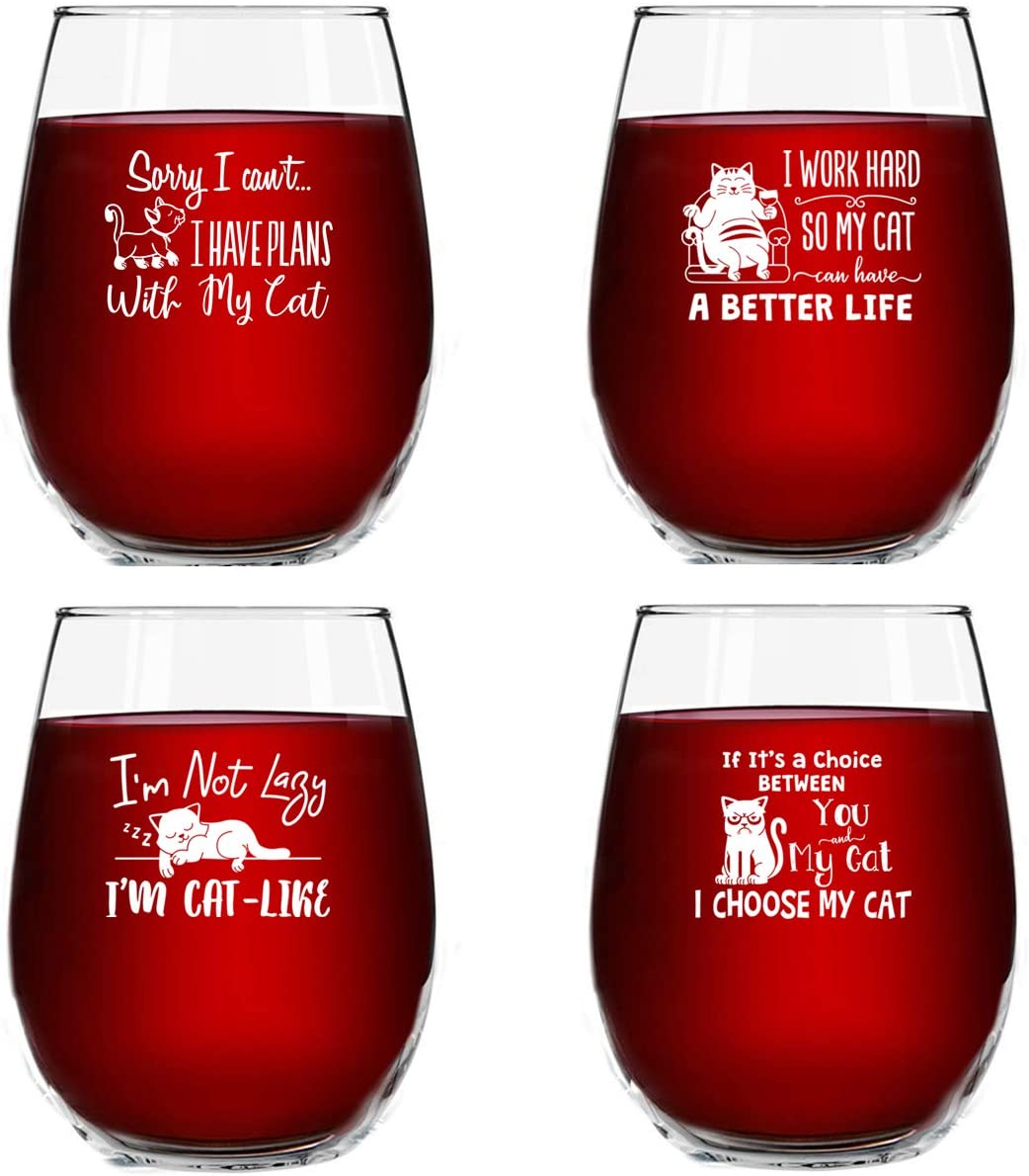 Funny Cat Stemless Wine Glasses Set of 4 | Hilarious Cat Gift Idea for Women, Pet Owners and Wine Lovers | 15 oz. Funny Cat Wine Glass with Cute Messages | Dishwasher Safe | Made in USA