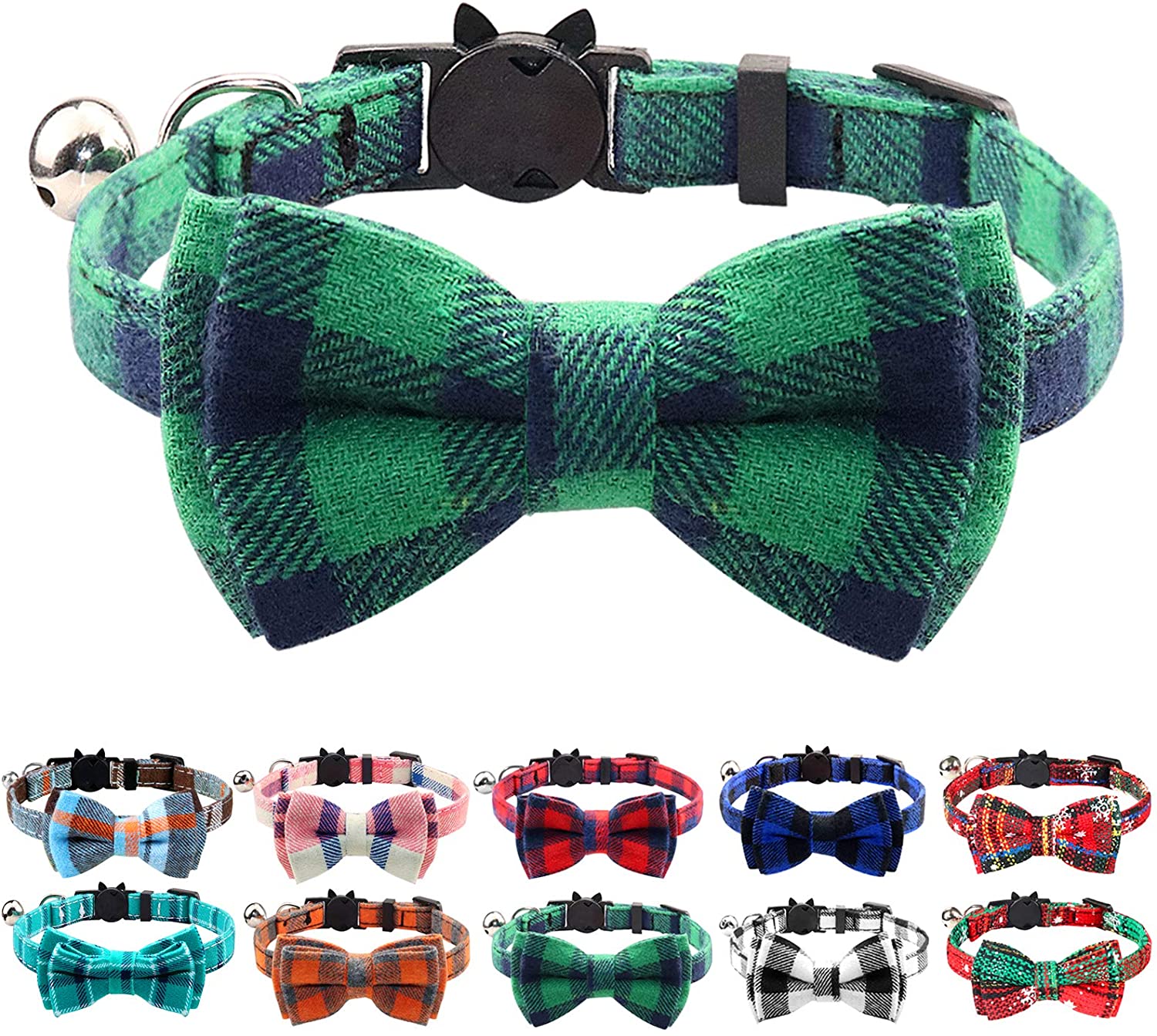 Joytale Breakaway Cat Collar with Bow Tie and Bell, Cute Plaid Patterns, 1 or 2 Pack Kitty Safety Collars