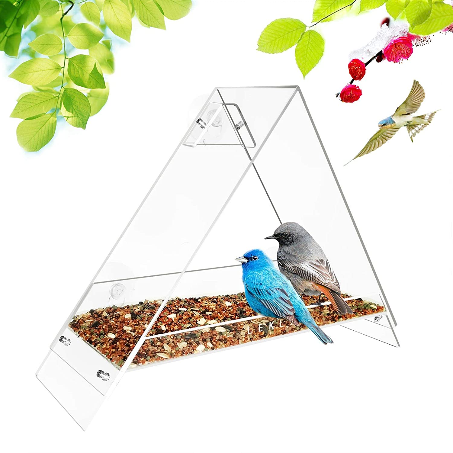 LEKLIT Window Bird Feeder, Outdoor Triangle Clear Acrylic Bird House Feeders with Strong Suction Cups and A Safety Rope to Prevent an Accidental Fall, for Small Wild Birds. (Clear)