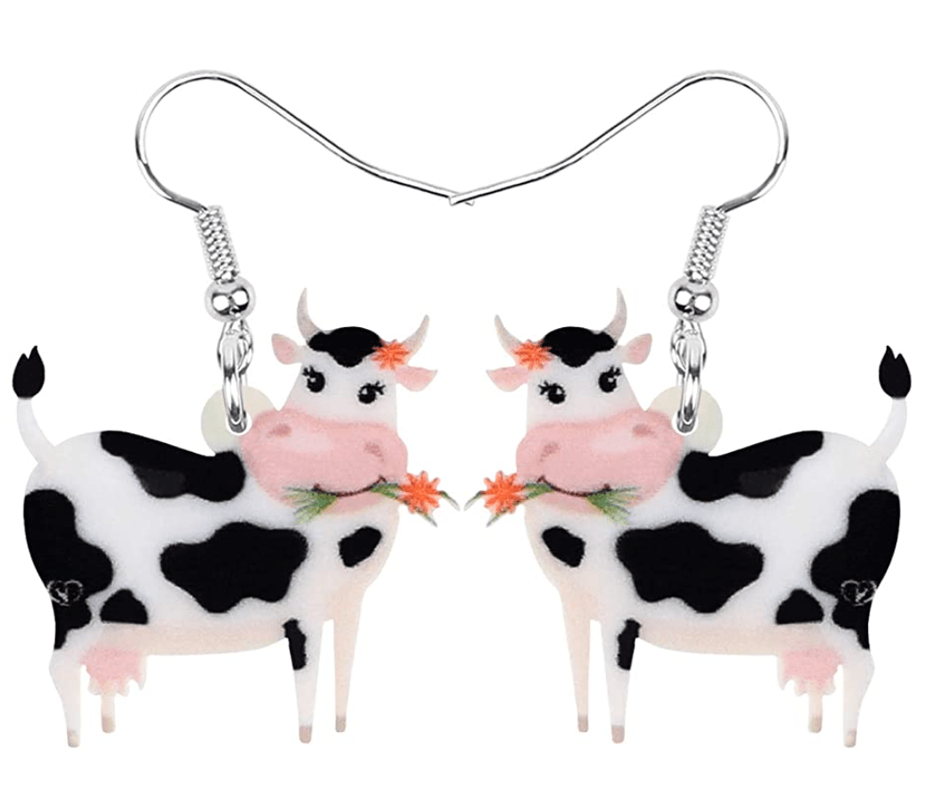 Bonsny Acrylic Drop Dangle Cartoon Smile Flower Cow Earrings Gift Farm Animal Fashion Jewelry For Women Kids Charms
