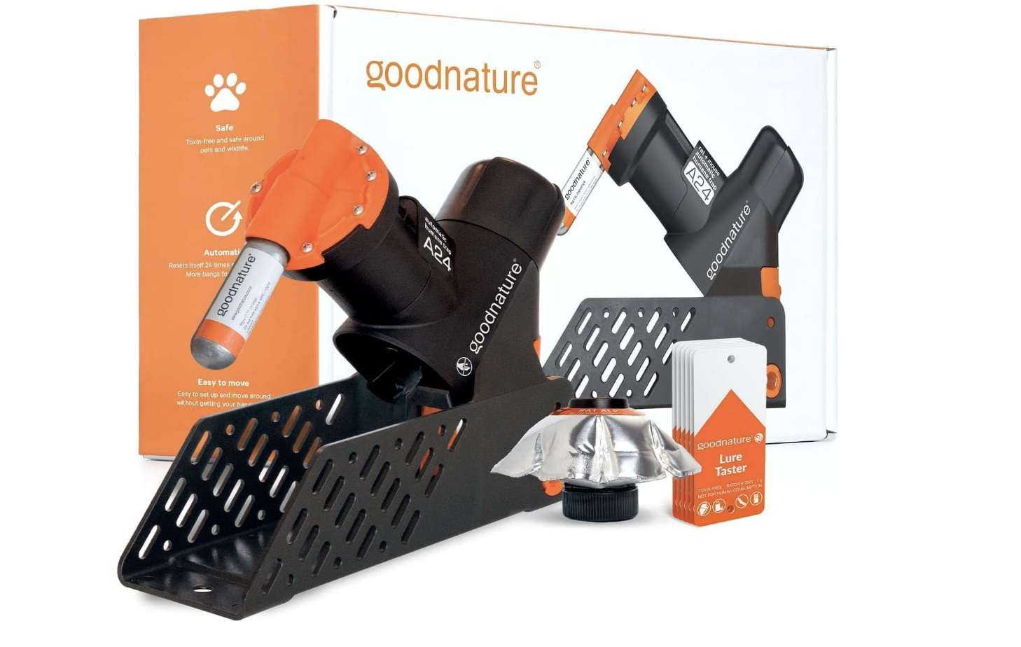 The packaging and product for a black and orange rat trap