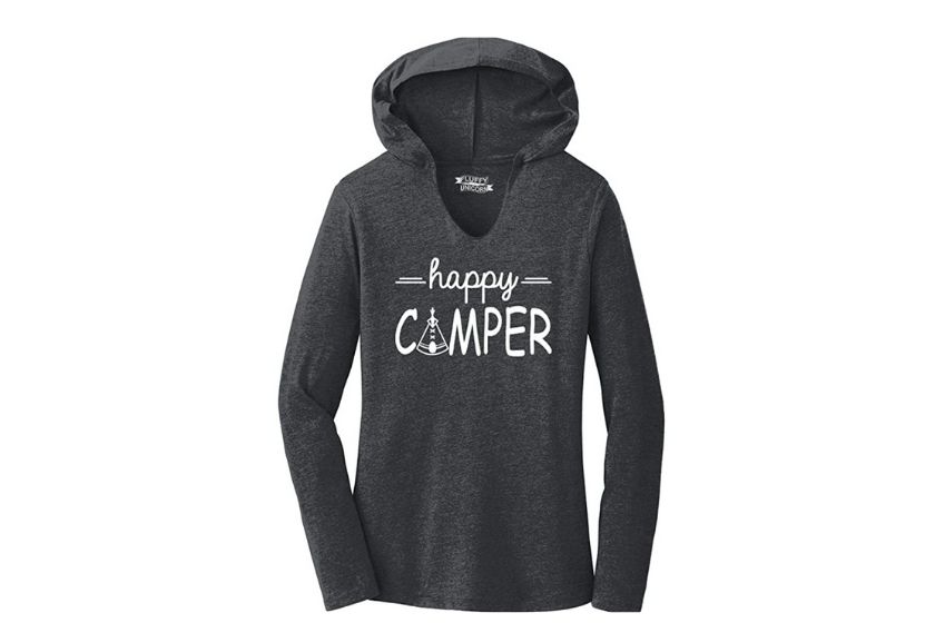 camping shirts&mdash; lightweight gray hoodie that says happy camper