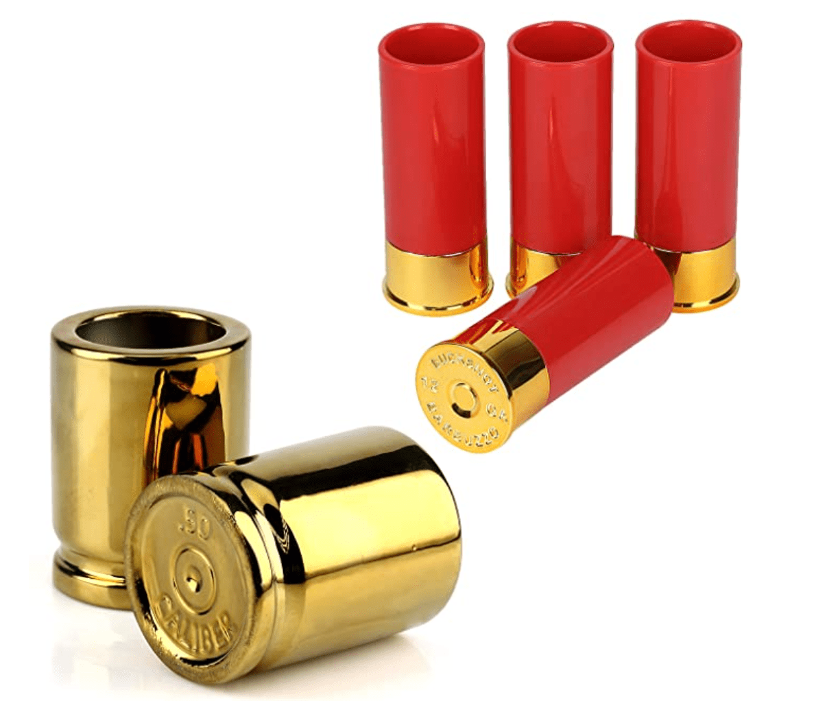 Barbuzzo Shot Glasses - 50 Caliber Bullet Casing 2oz Shot Glasses (set of 2) and 12 Gauge Shotgun Shell Shot Glasses (set of 4)