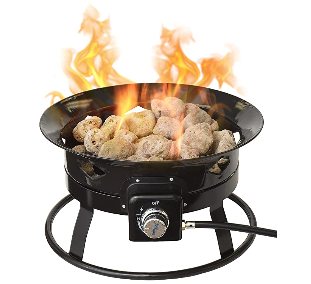 Flame King Outdoor Portable Propane Gas 19" Fire Pit Bowl with Self Igniter, Cover, and Carry Straps for RV, Camping, Backyard