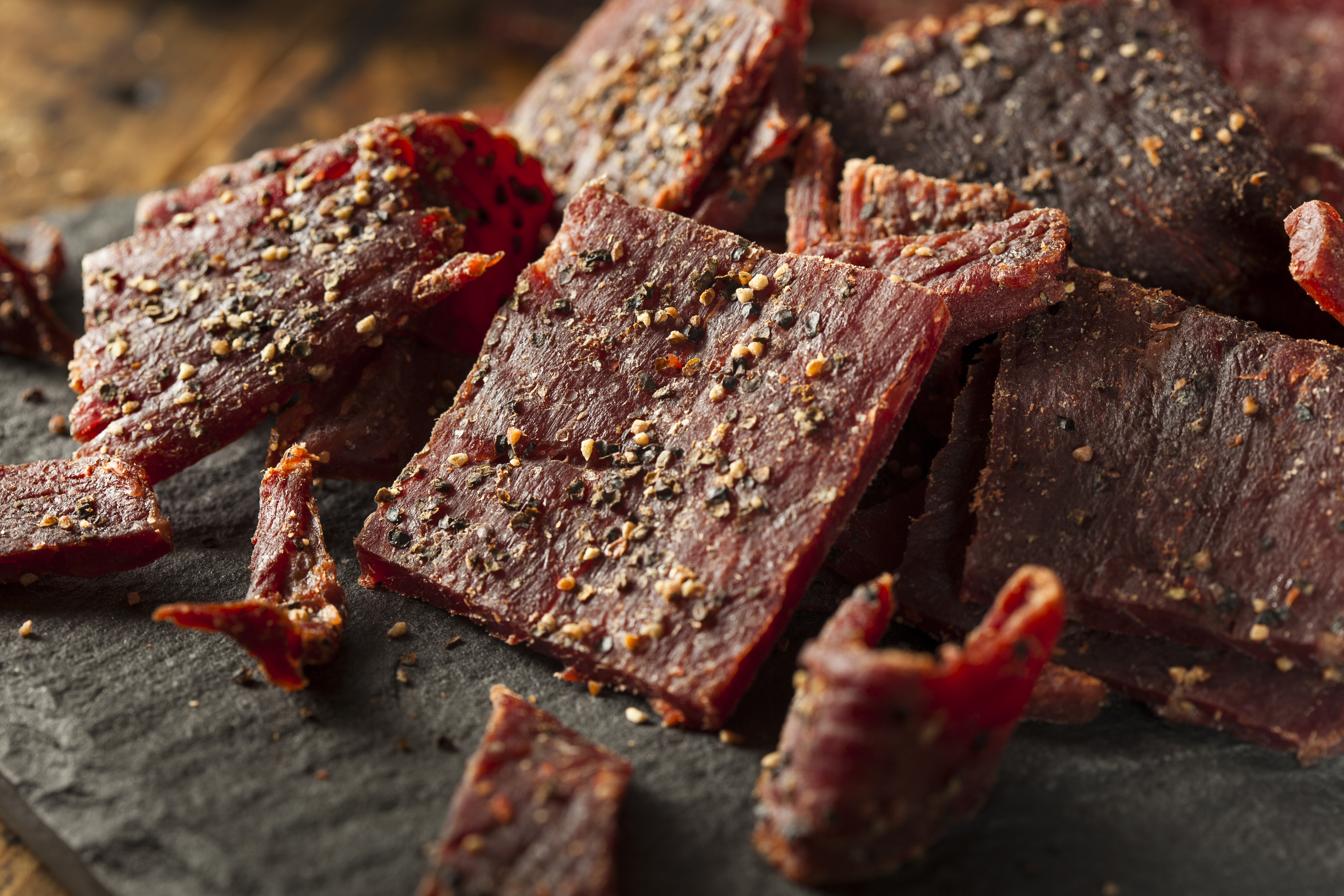 Dried Peppered Beef Jerky Cut in Strips.