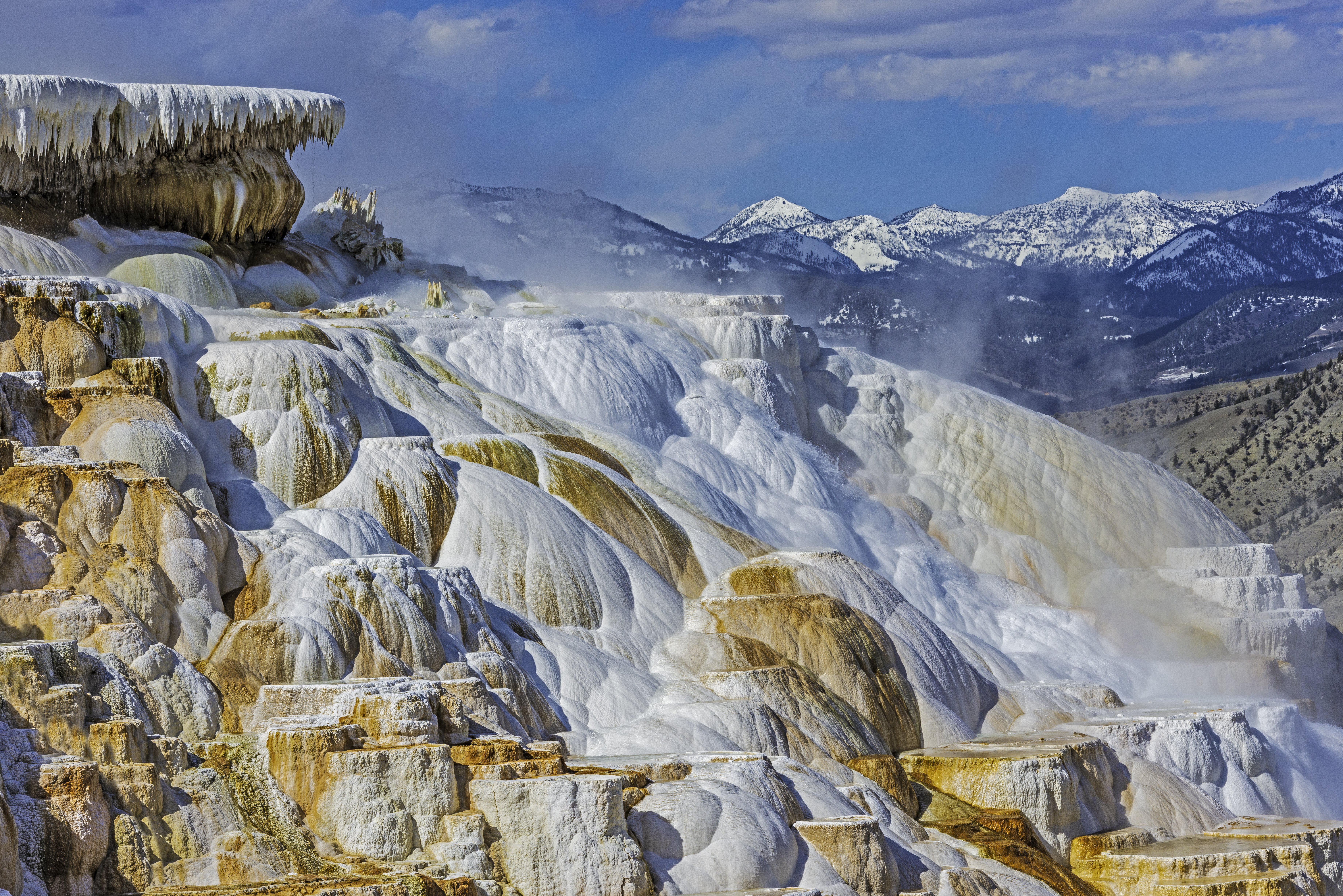 Canary Spring at Mammoth Hot Springs in Yellowstone National Park. Geothermal activity with travertine formation and terraces.