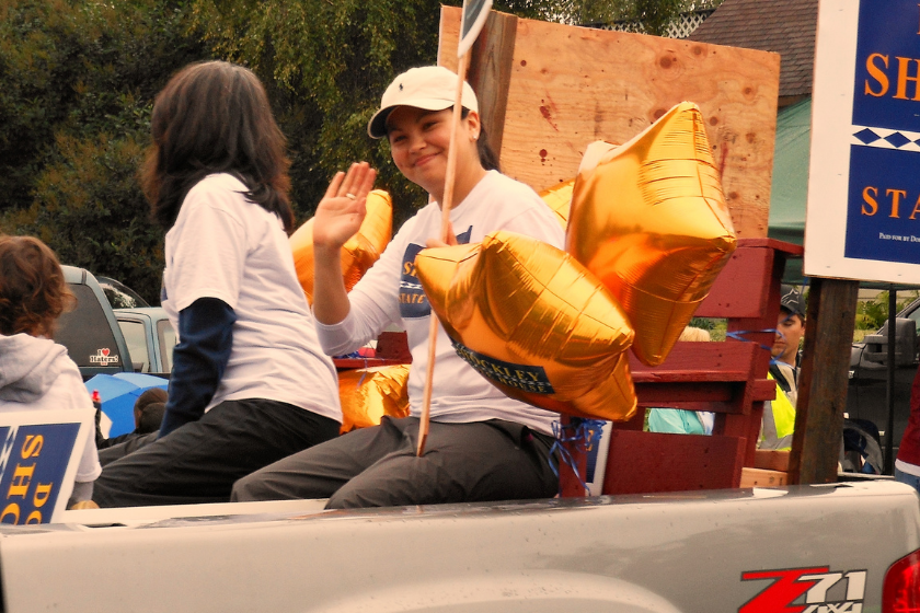 Melanie Joy Huntington, n&eacute;e Shockley, is an American public relations consultant, indigenous activist and politician of Koyukon) heritage. She is shown in this photo riding in the 2012 Golden Days Parade, supporting the candidacy of mother Dorothy Shockley (to her right with back to camera), who was running for the Alaska House of Representatives.