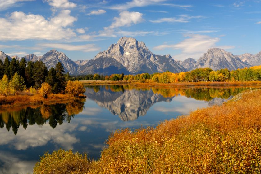 View of Mt. Moran from Oxbow Bend. Mt. Moran is part of the Tetons Range in the Grand Teton National Park.