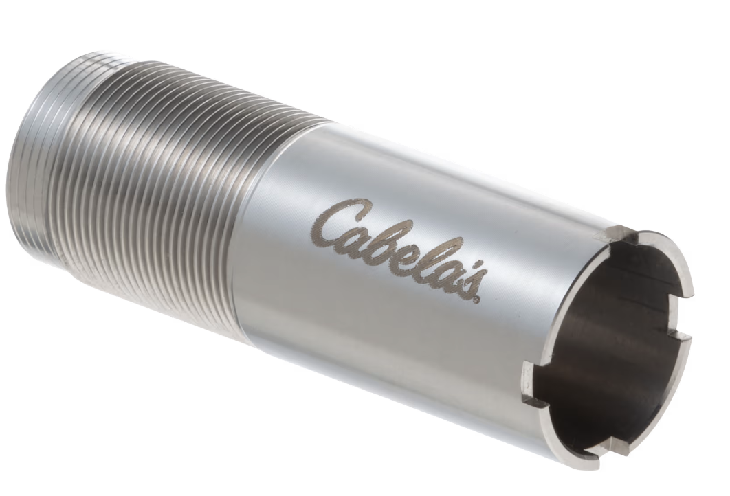 A silver choke tube with the Cabela's logo etched onto it