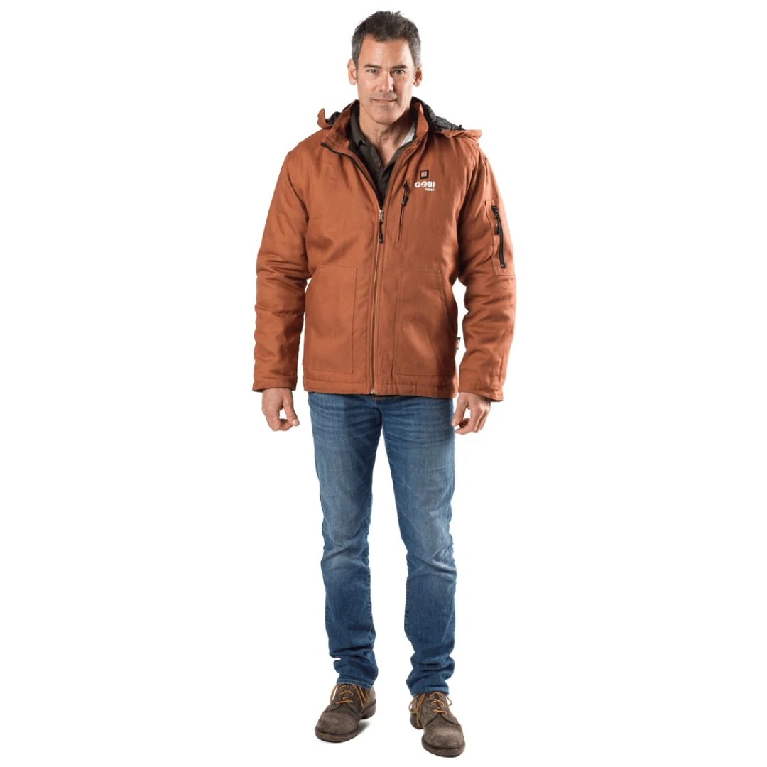 Person wearing an orange-brown work jacket
