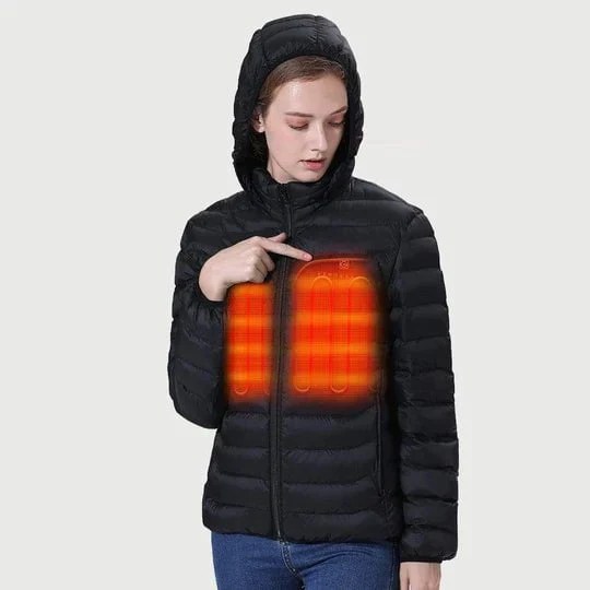 Person wearing a hooded, heated puffer jacket