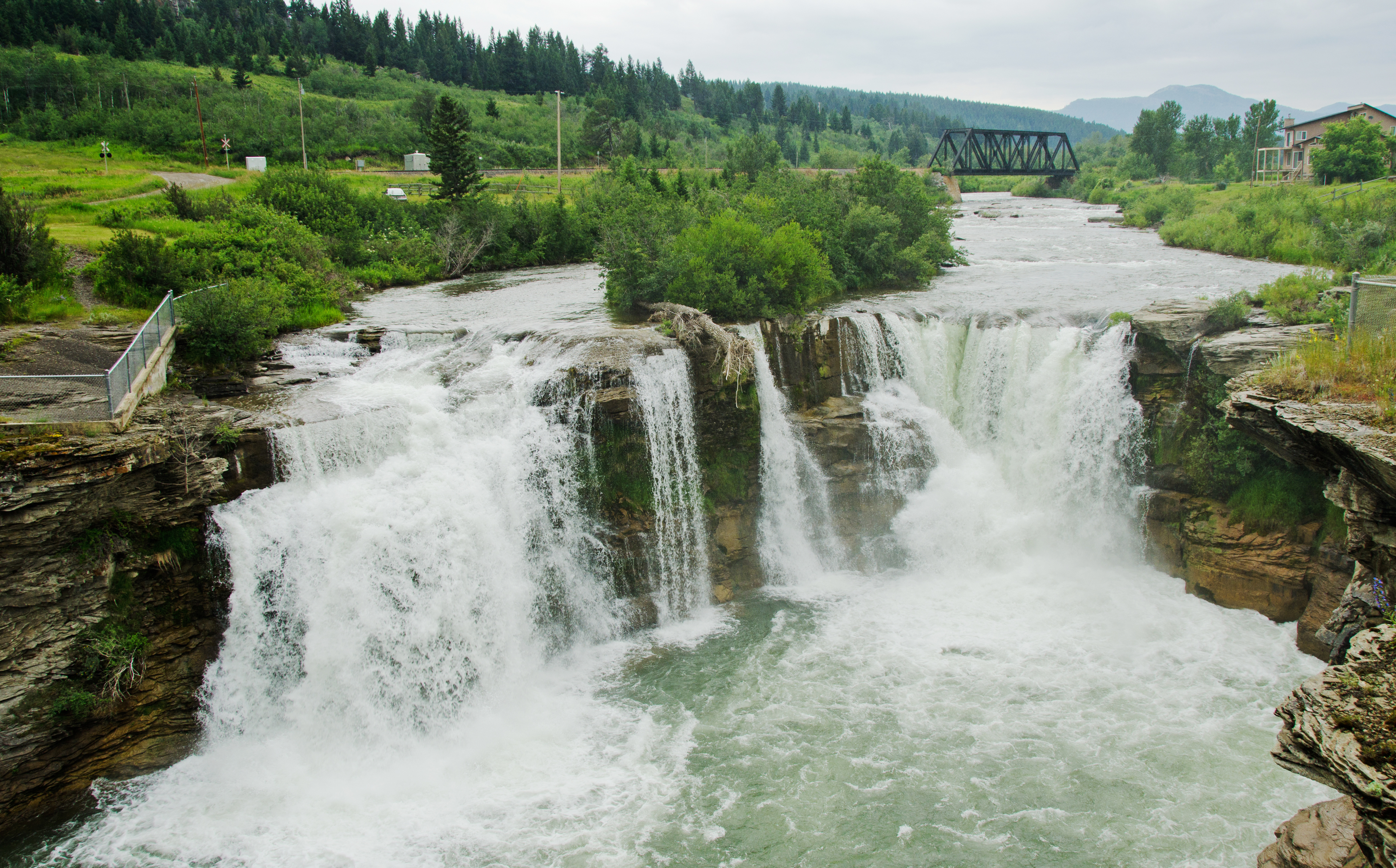 Crowsnest Lundbreck  Falls in Southern Alberta, Canada. The river is quite high as a result of heavy rain and thunder storms.
