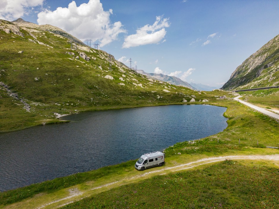Aerial view, Camper van parked in nature
