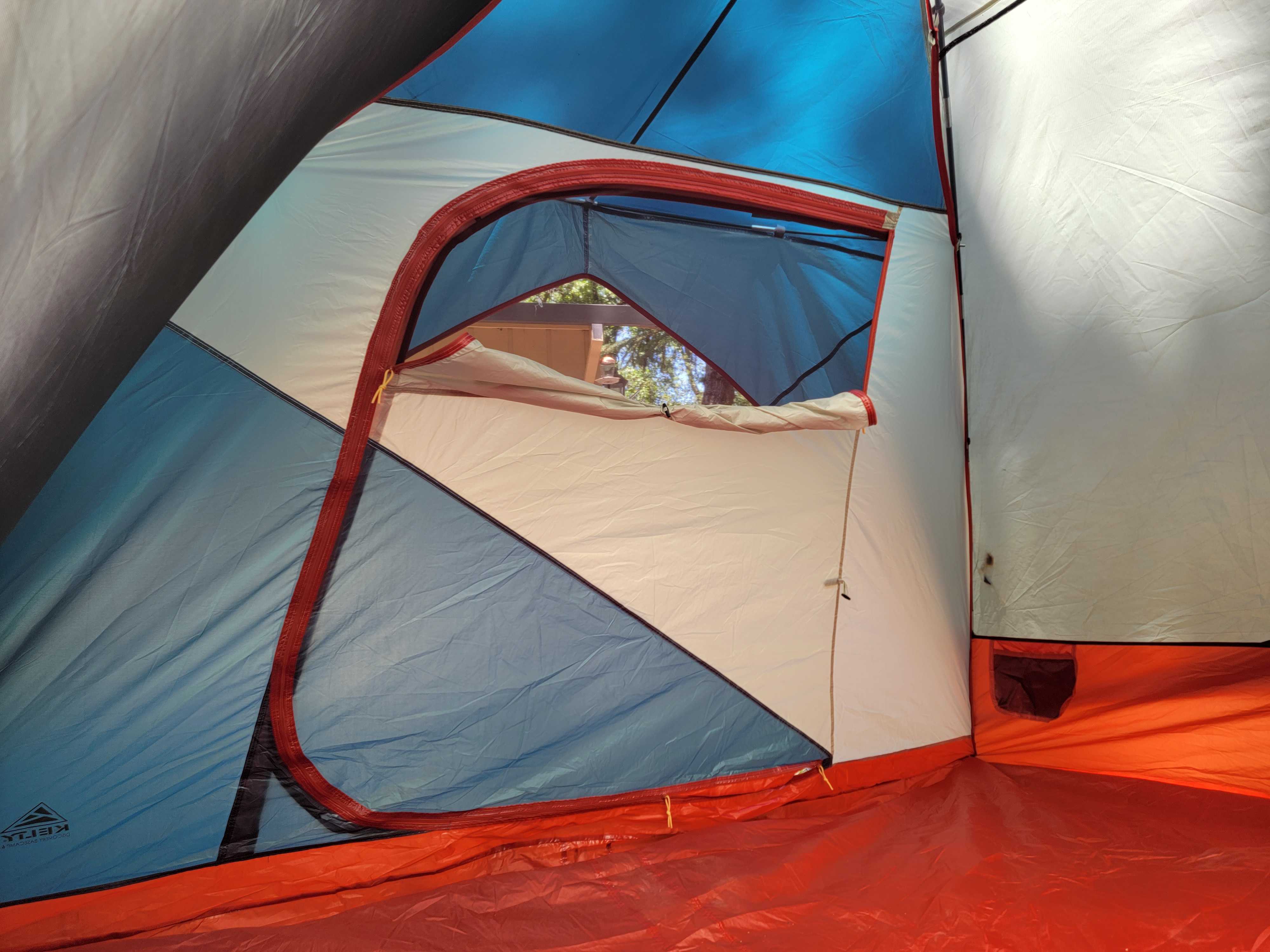 Kelty Discovery Basecamp 6 tent door with the vent open for airflow