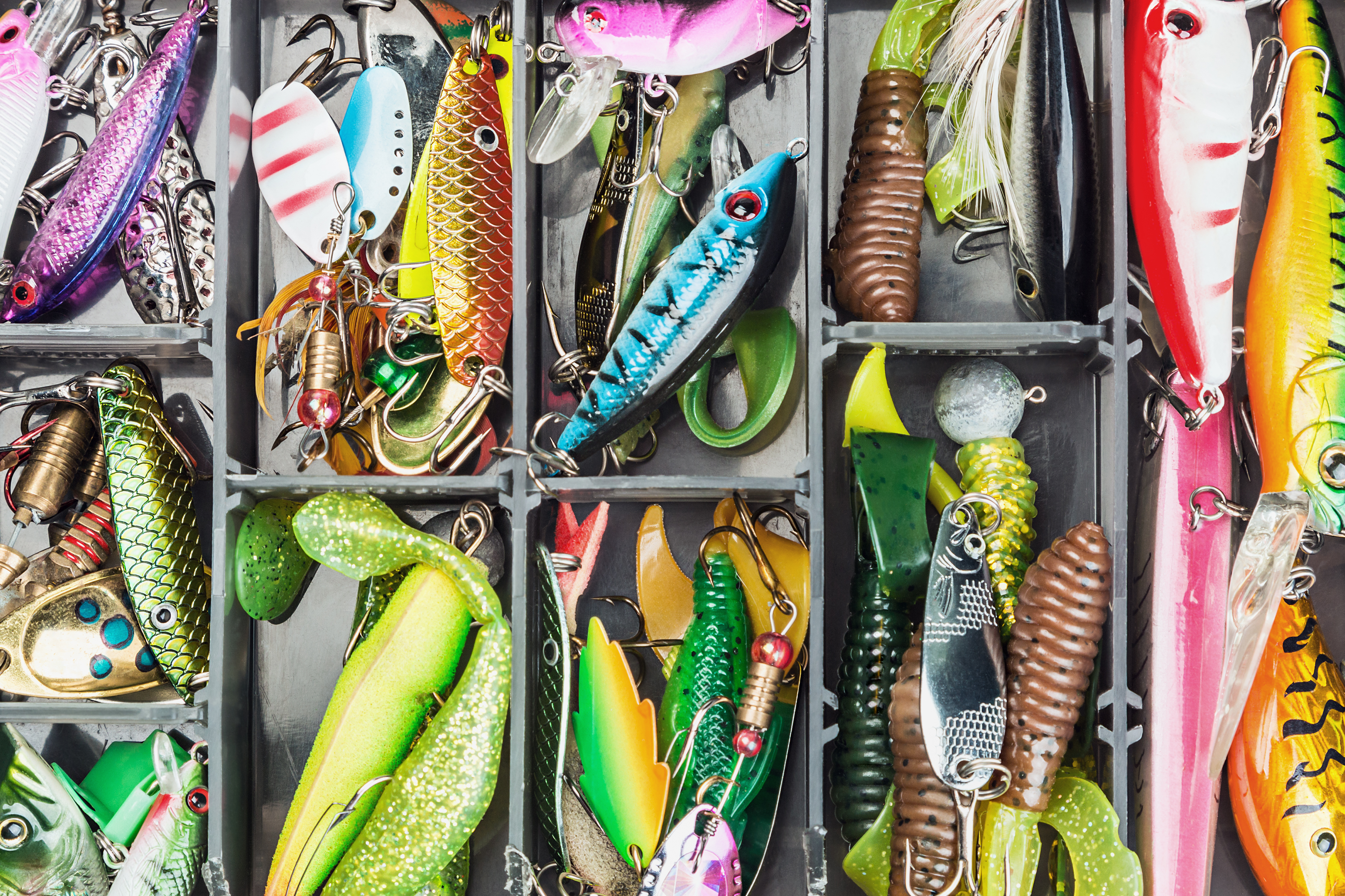 Fishing lures and accessories in box