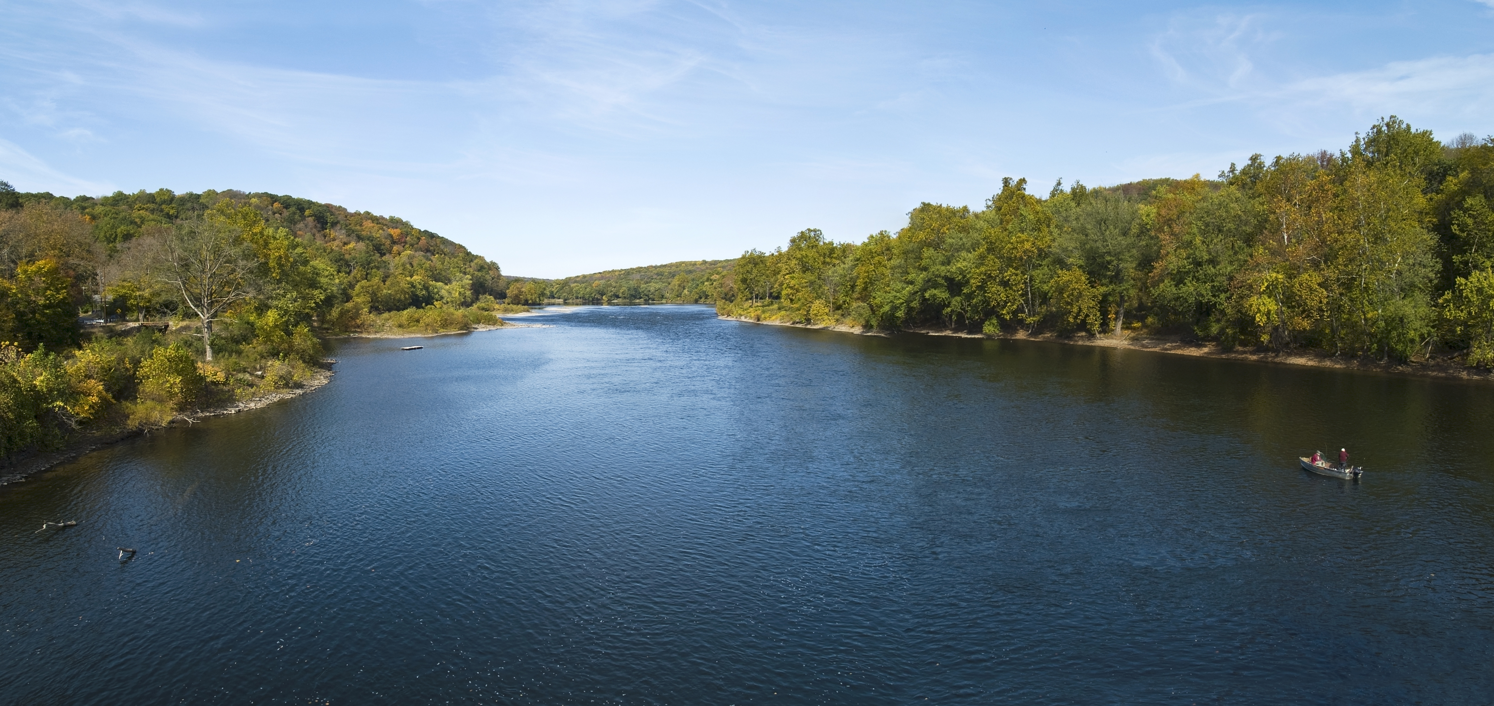 A panoramic view of the Delaware River near Washington Crossing, between Pennsylvania and New Jersey. 