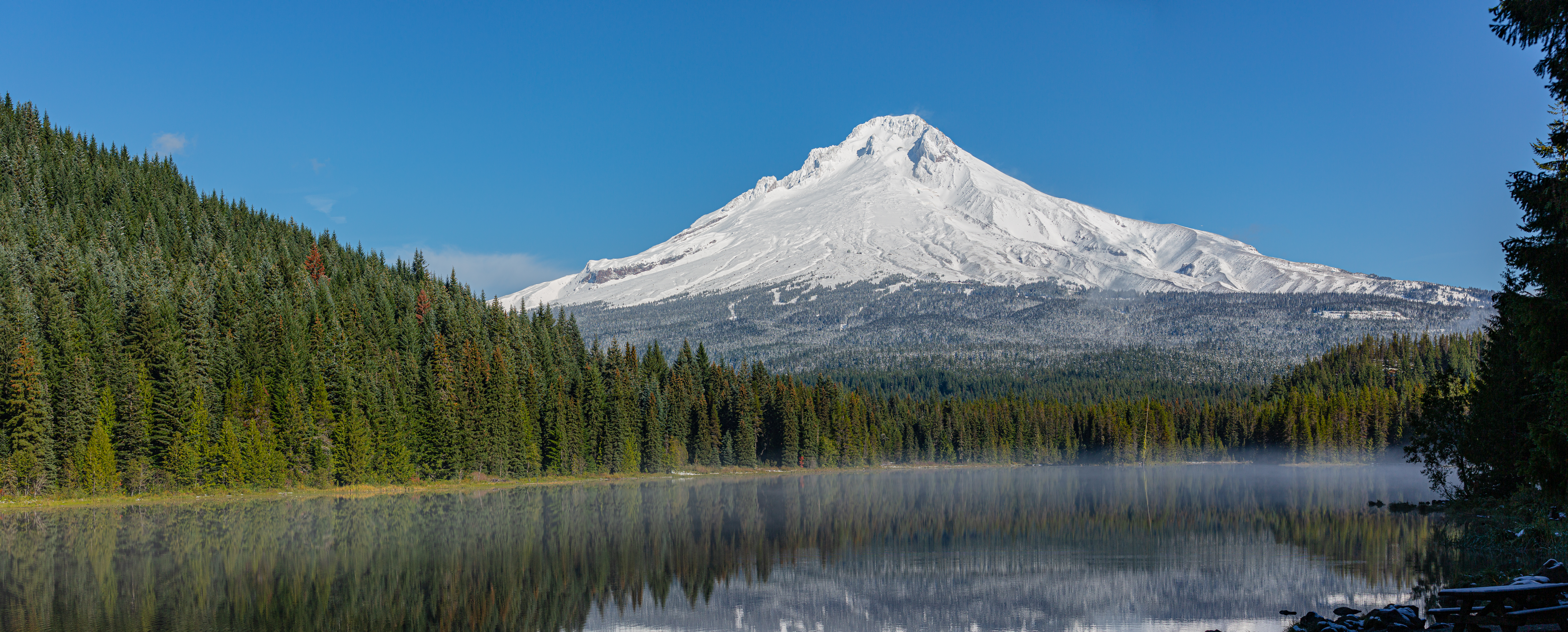 Mt. Hood, Oregon, USA - October 27, 2022: Views of Mt. Hood Lake Trillium and surrounding forests. 