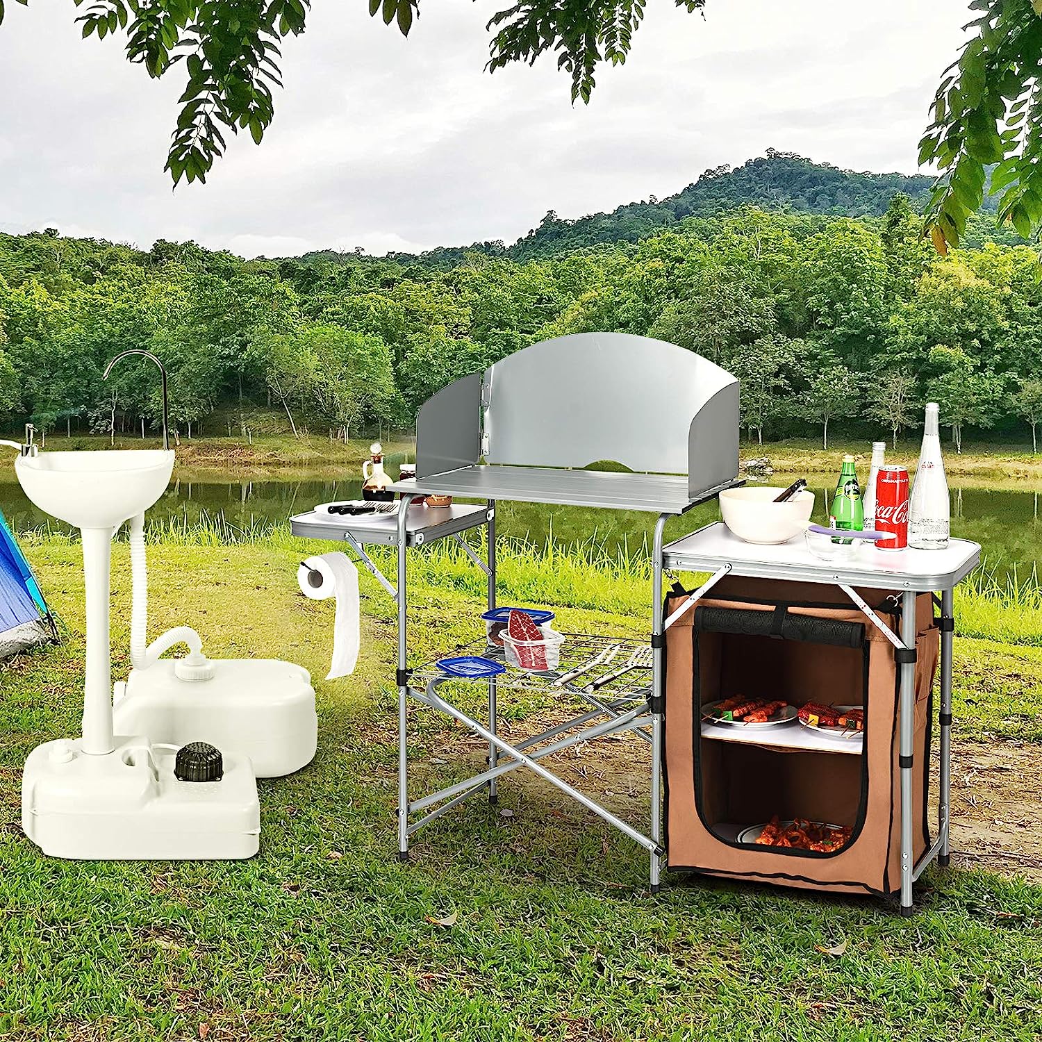 Goplus Camping Kitchen Table, Portable Outdoor Cooking Table