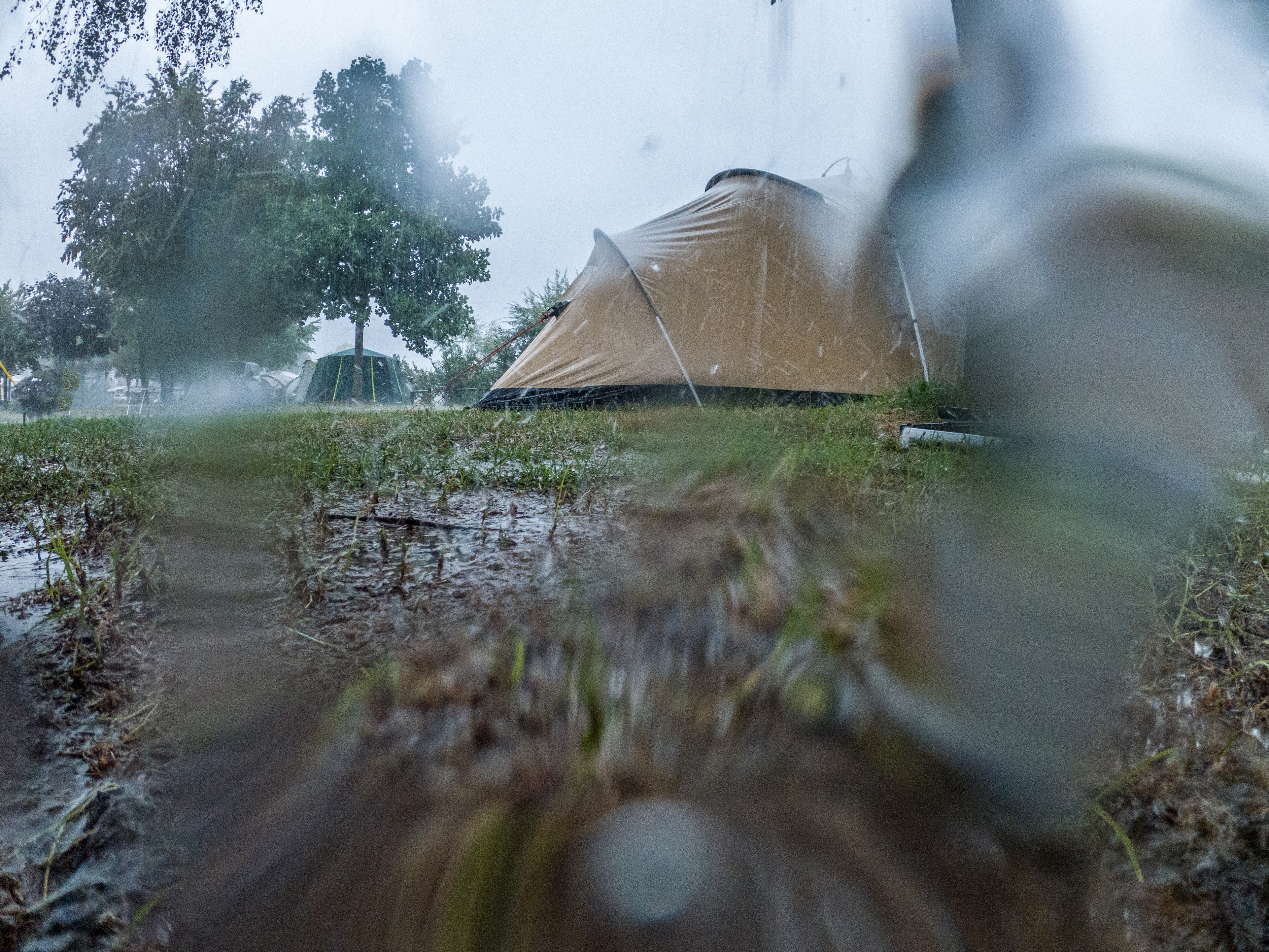 Soaking wet tent caught in a rainstorm in Summer, torrential rain