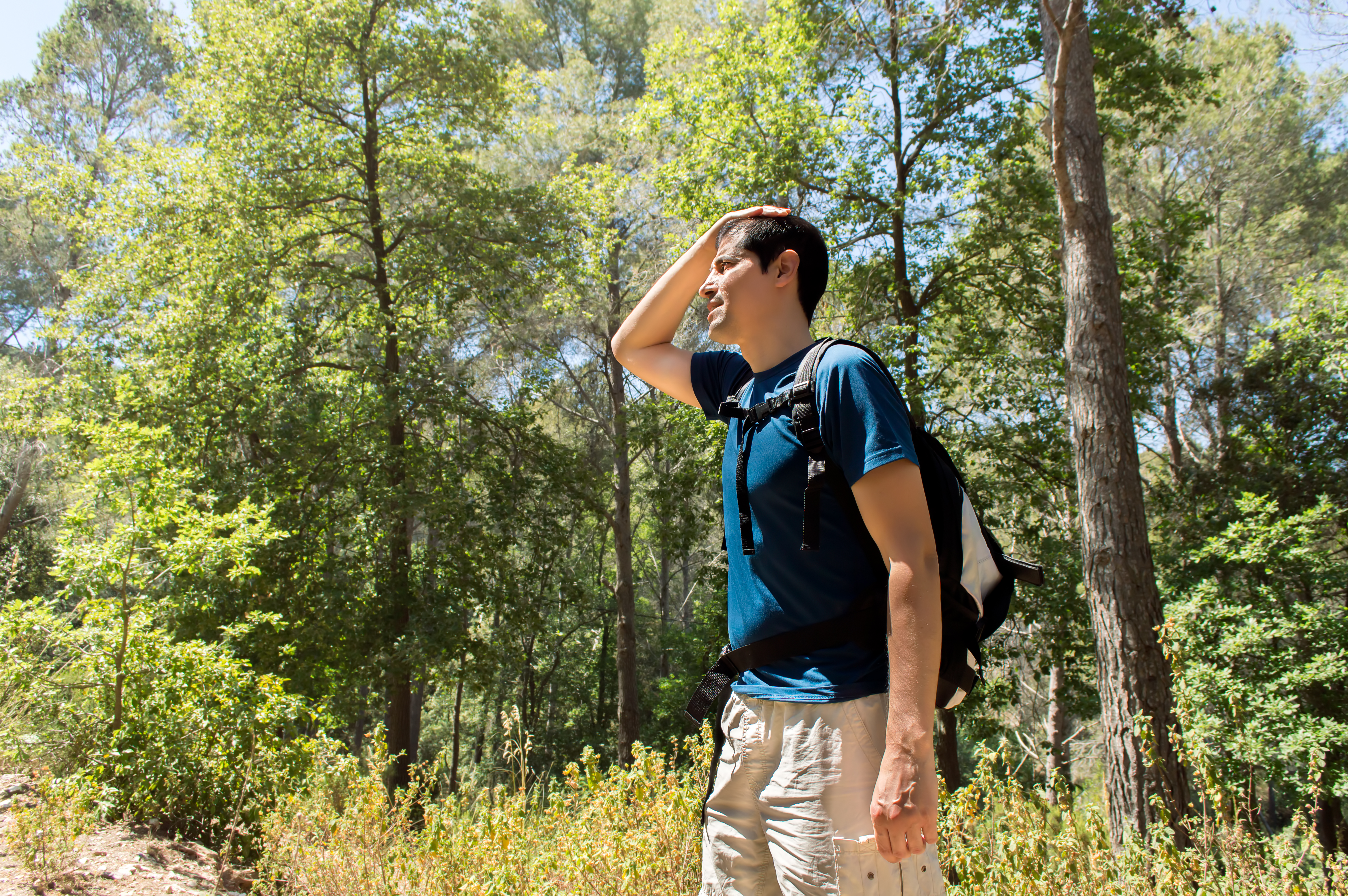 Dehydration thirst heat stroke exhaustion concept with man hiker tired