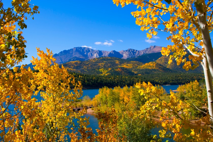 Crystal Reservoir in the fall with Pikes Peak in the background.