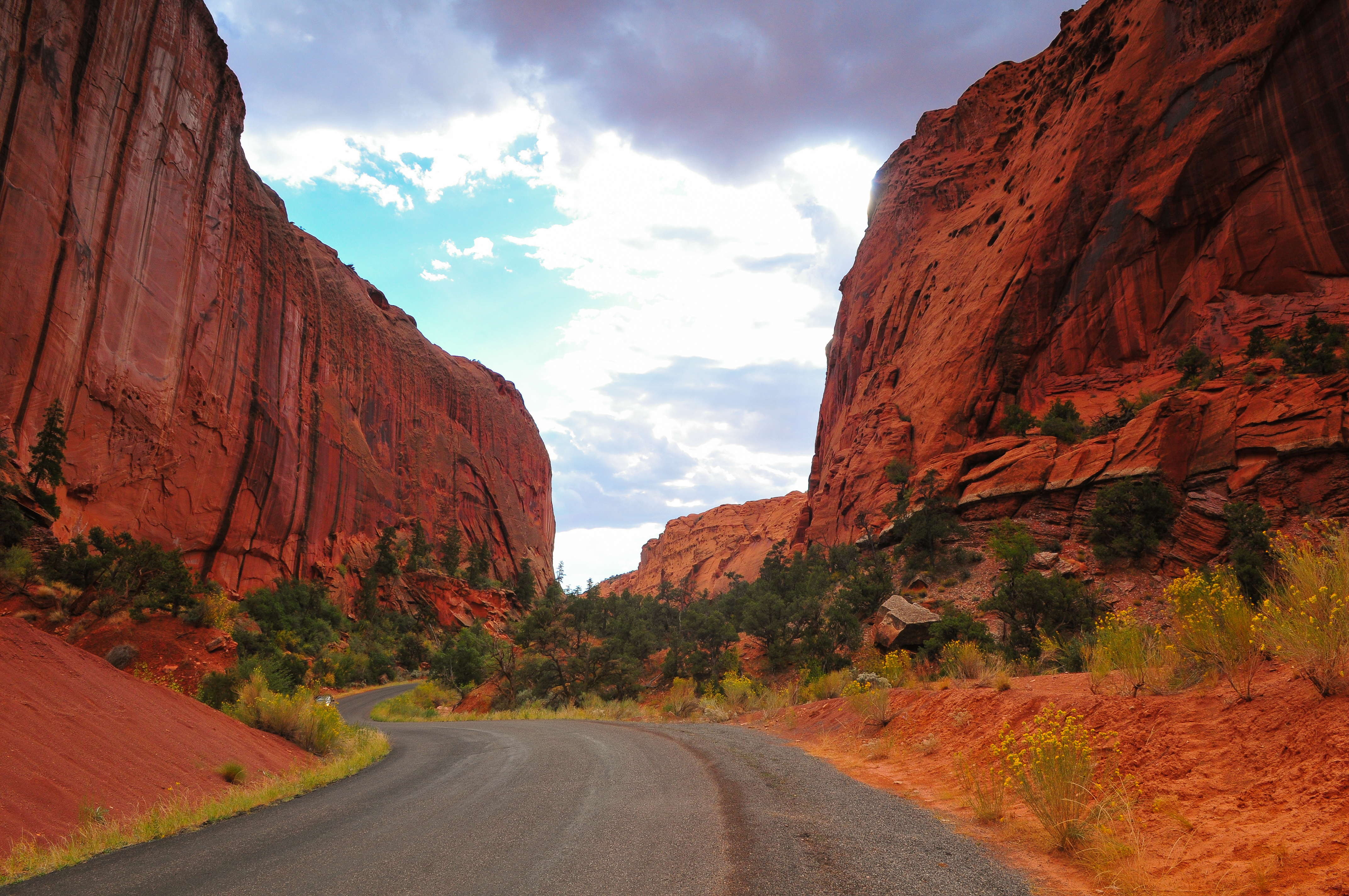 The Burr Trail road winding through the red rock walls of Long Canyon, Grand Staircase-Escalante National Monument, Utah, USA.