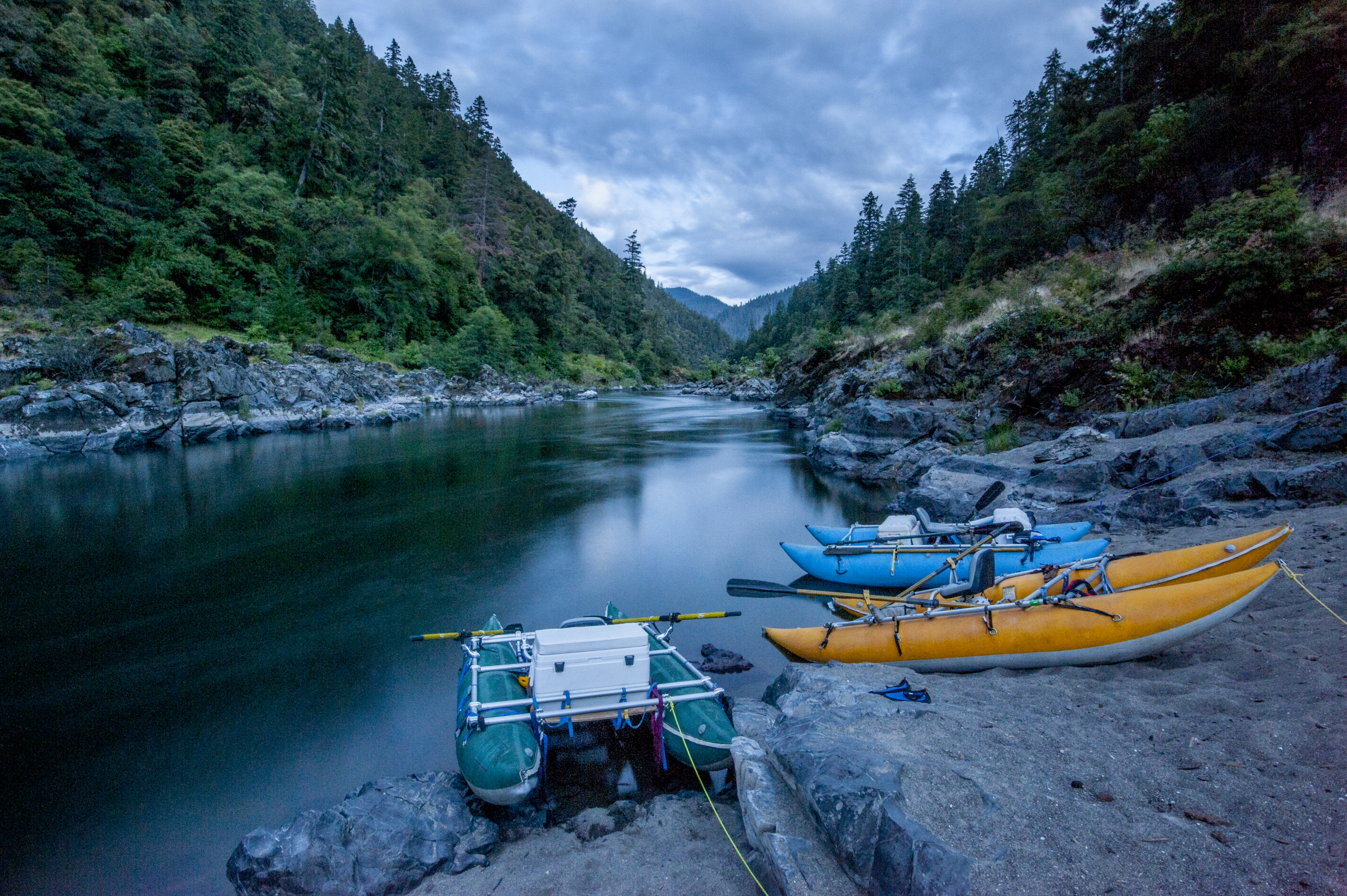 Three cataracts on the beach at Jenny Creek camp, Rogue River, Oregon.