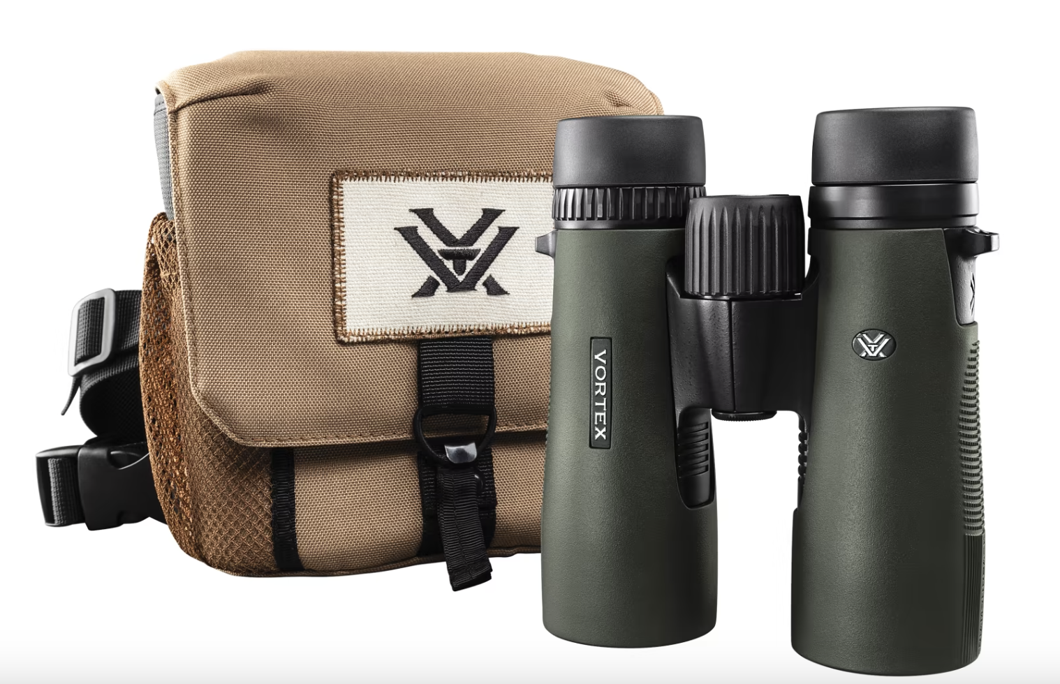 A product photo of dark green binoculars in front of a canvas bag 