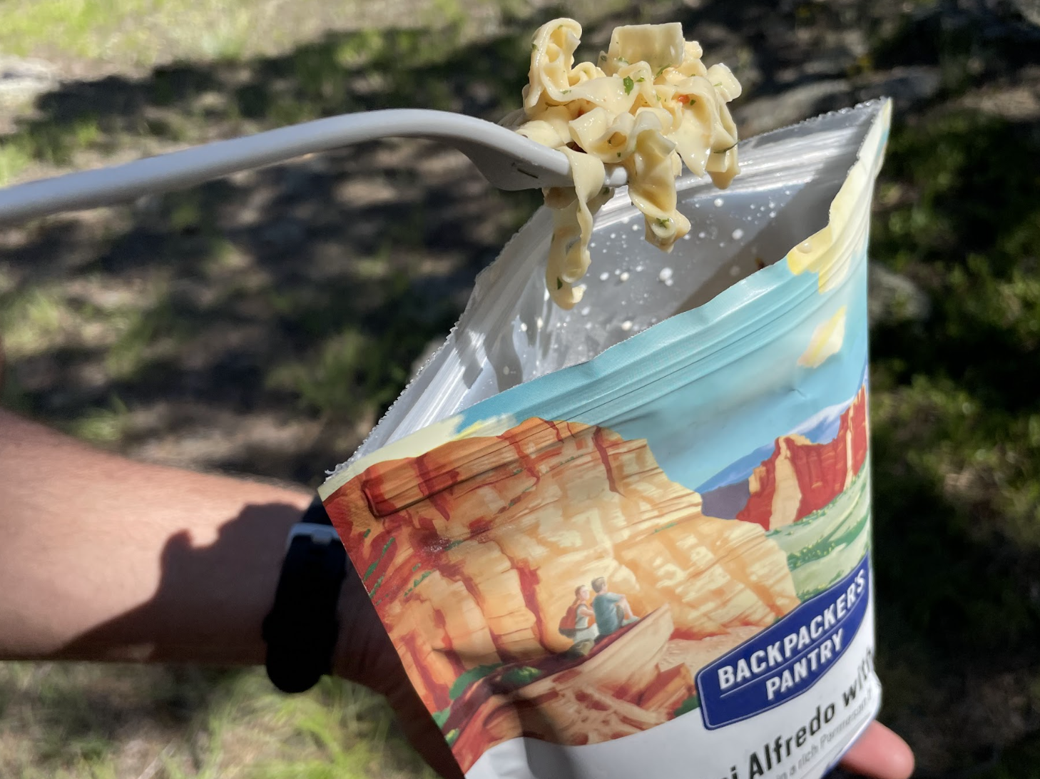 An open pouch of Backpacker's Pantry Fetuccini Alfredo with Chicken