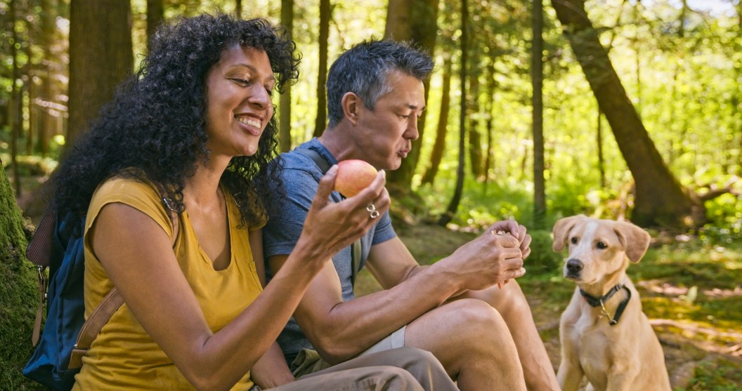 Man and woman sitting in the forest and eating lunch with their dog.