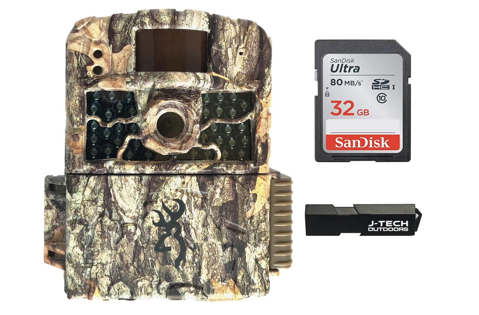 A camouflage trail camera with a SD card and flash drive