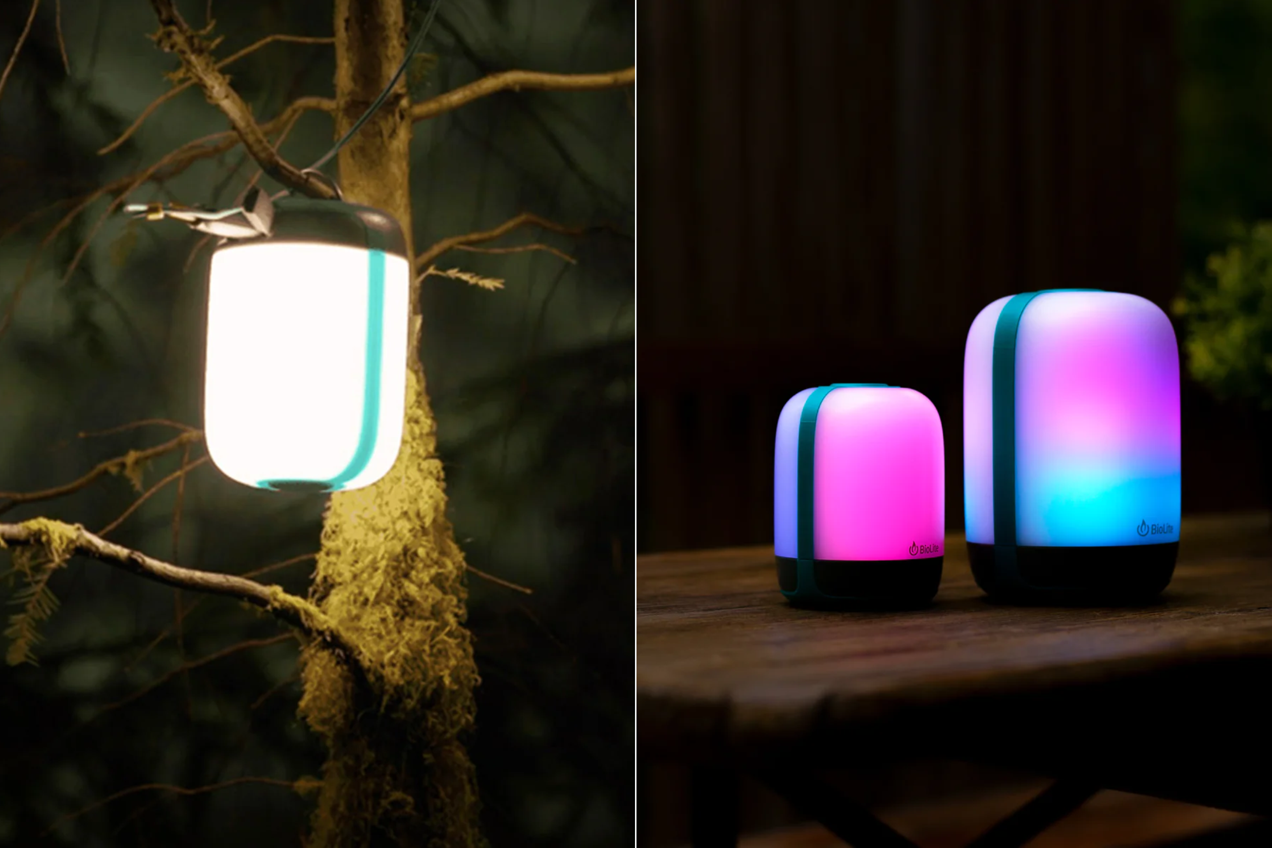 A lamp glowing in white, purple, and blue light
