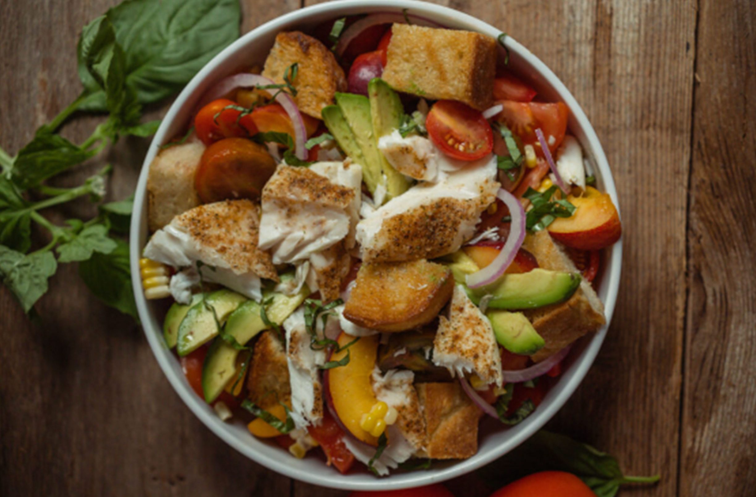 Grilled Panzanella Salad with Smoked Halibut