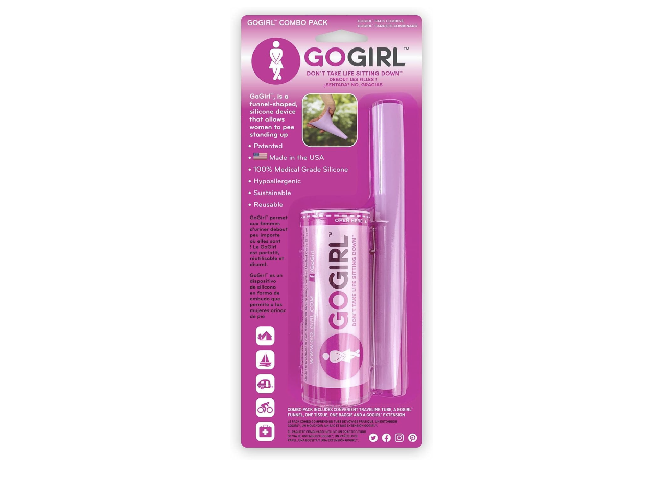 A pink package with a clear pee funnel inside