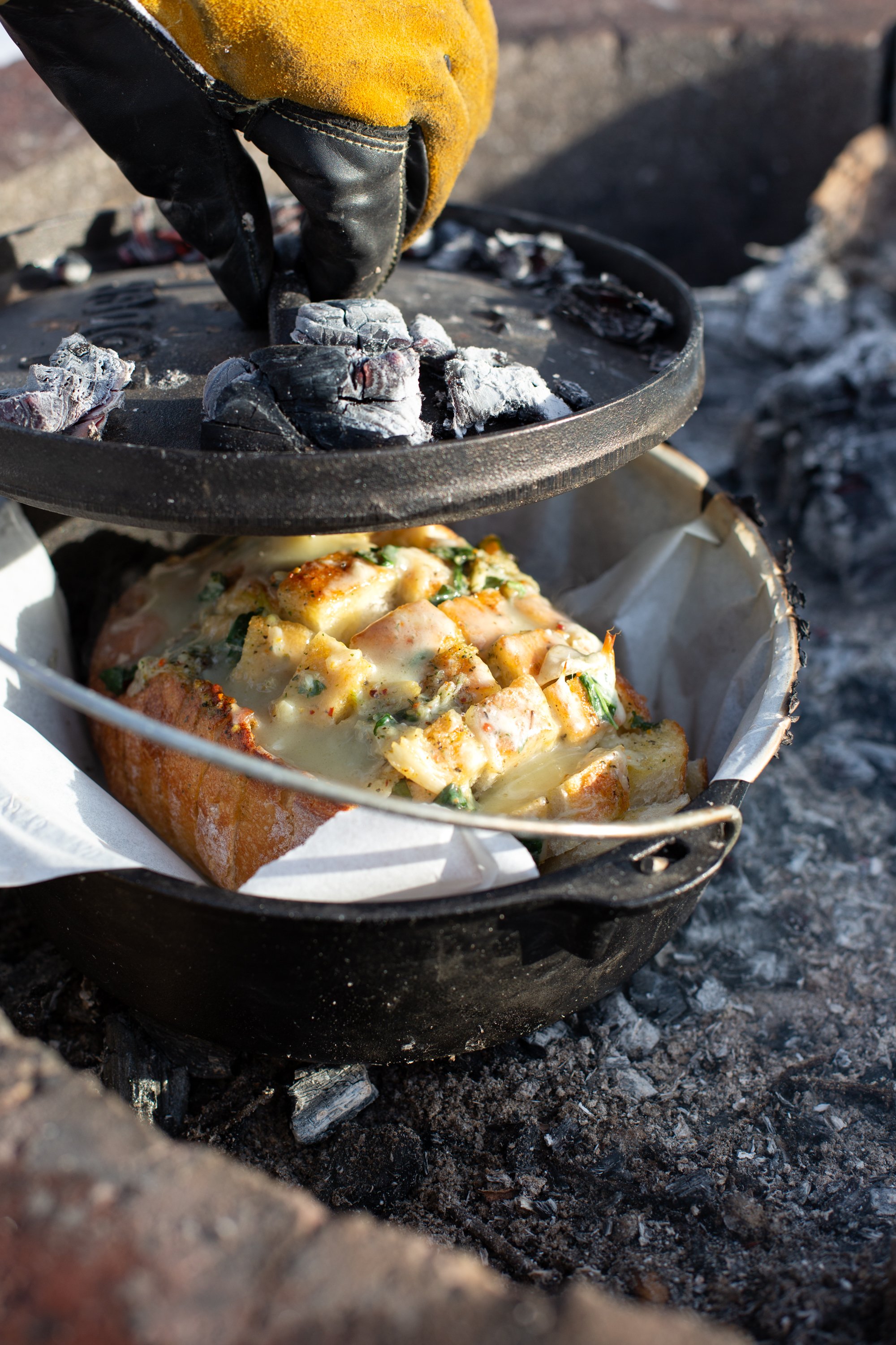 Cheesy pull-apart garlic bread in a cast-iron skillet