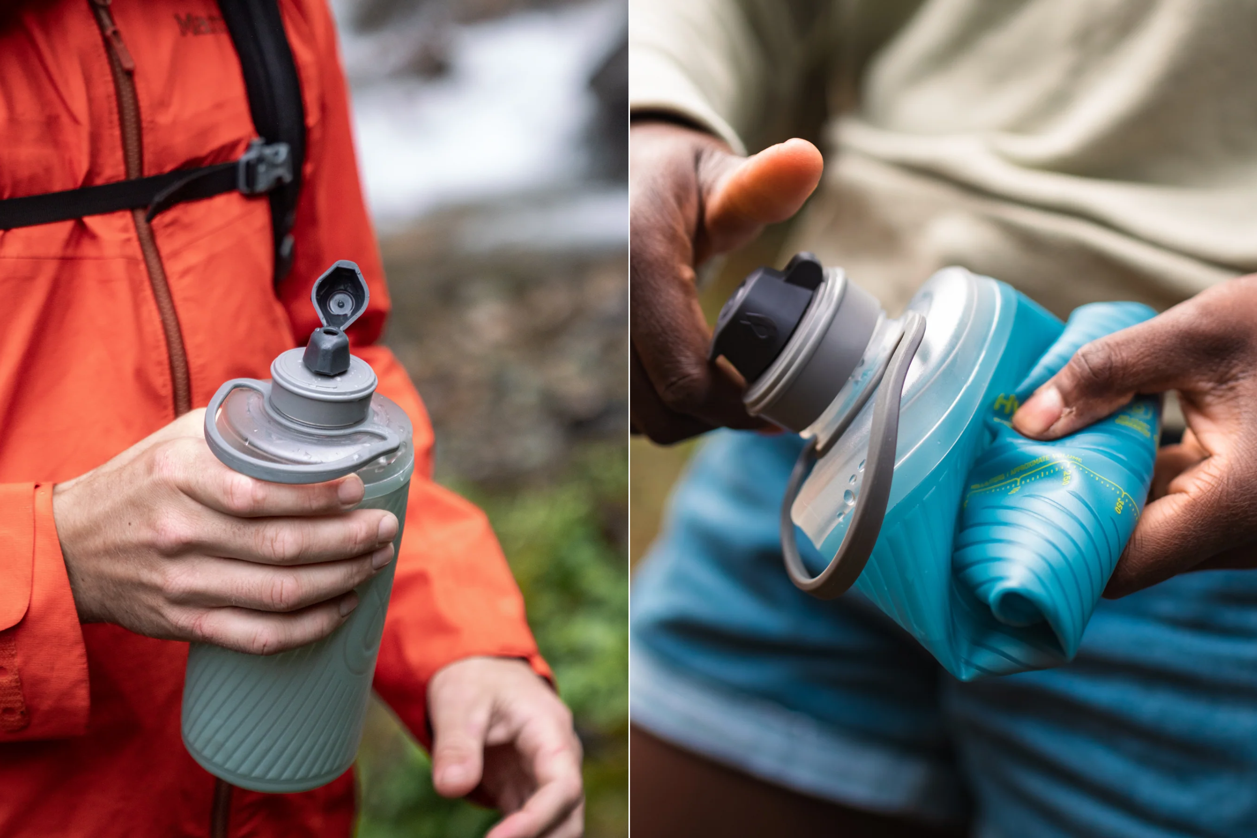 Two Hydrapak water bottles