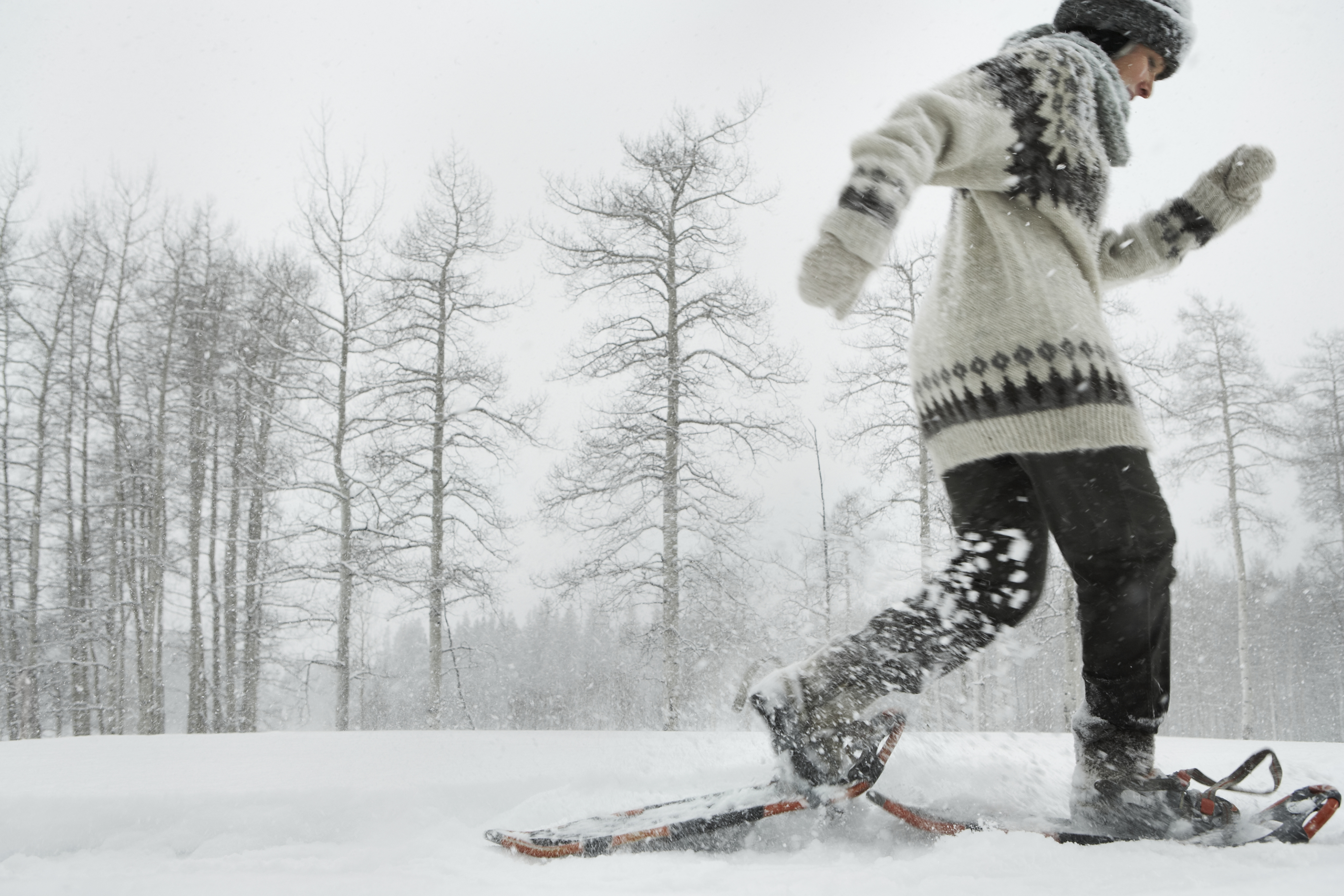 Woman snowshoeing against a backdrop of bare trees.