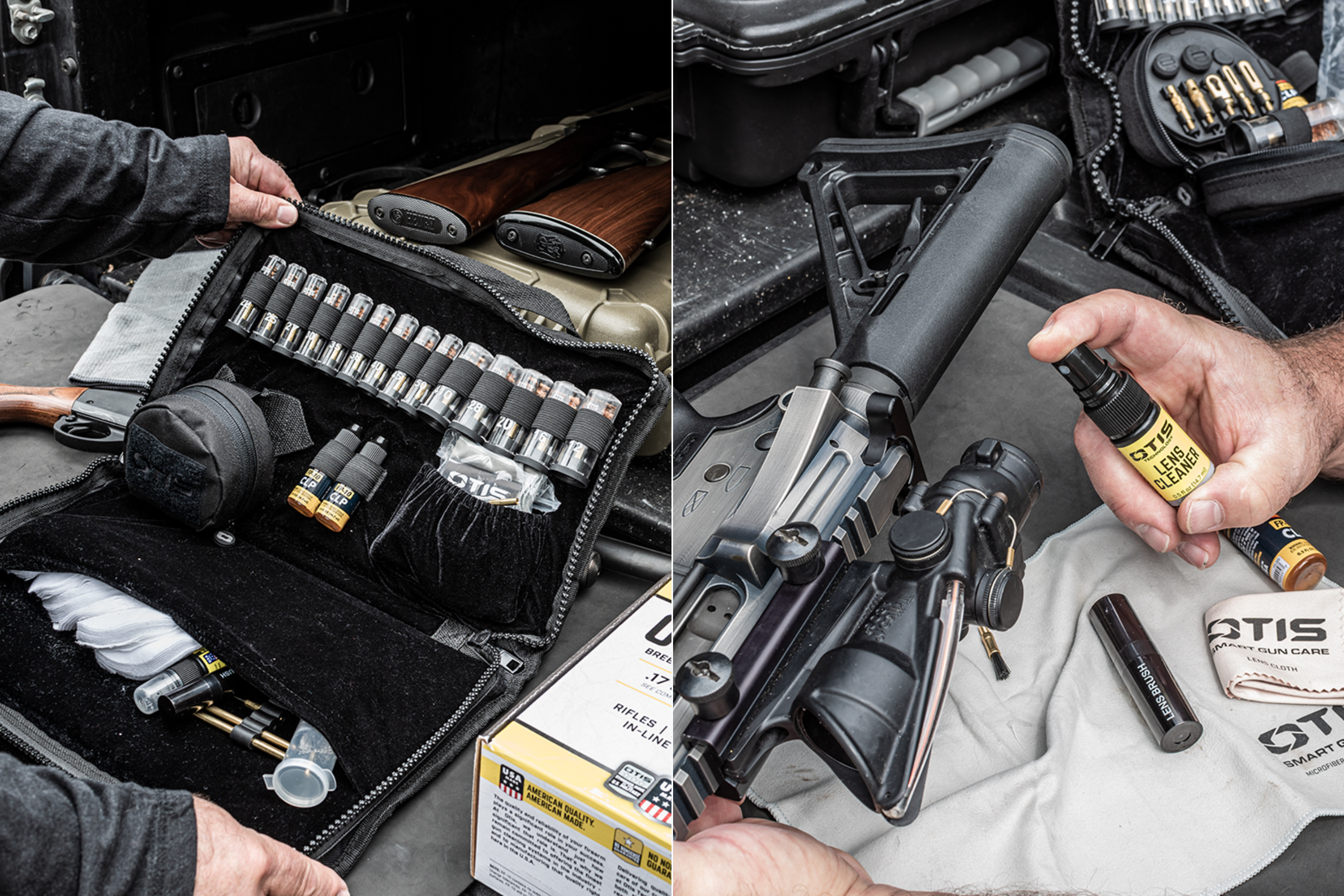 An opened gun cleaning kit and all of the necessary gun cleaning materials