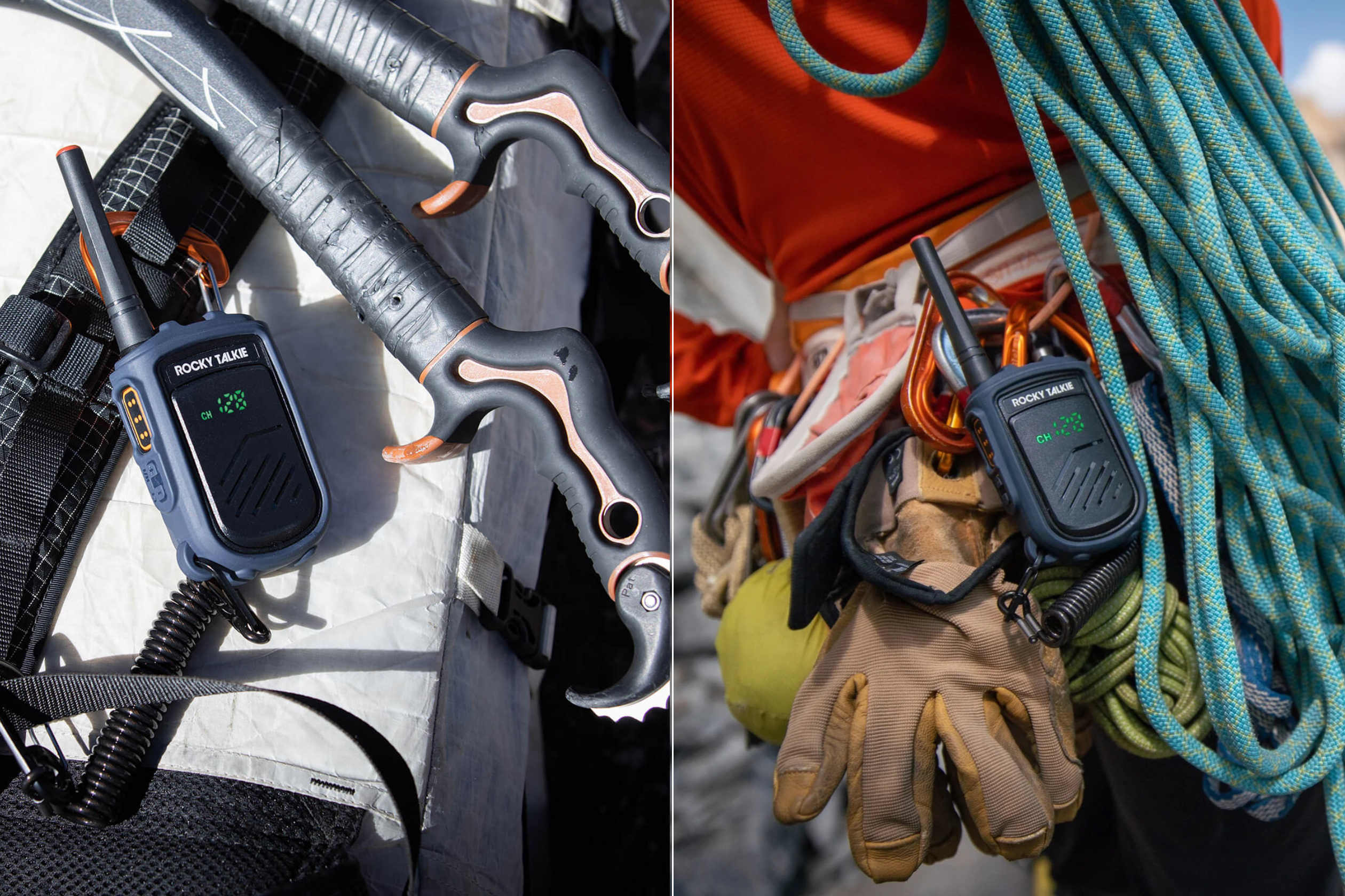 Two walkie talkies on a carabiner in two separate outdoor settings